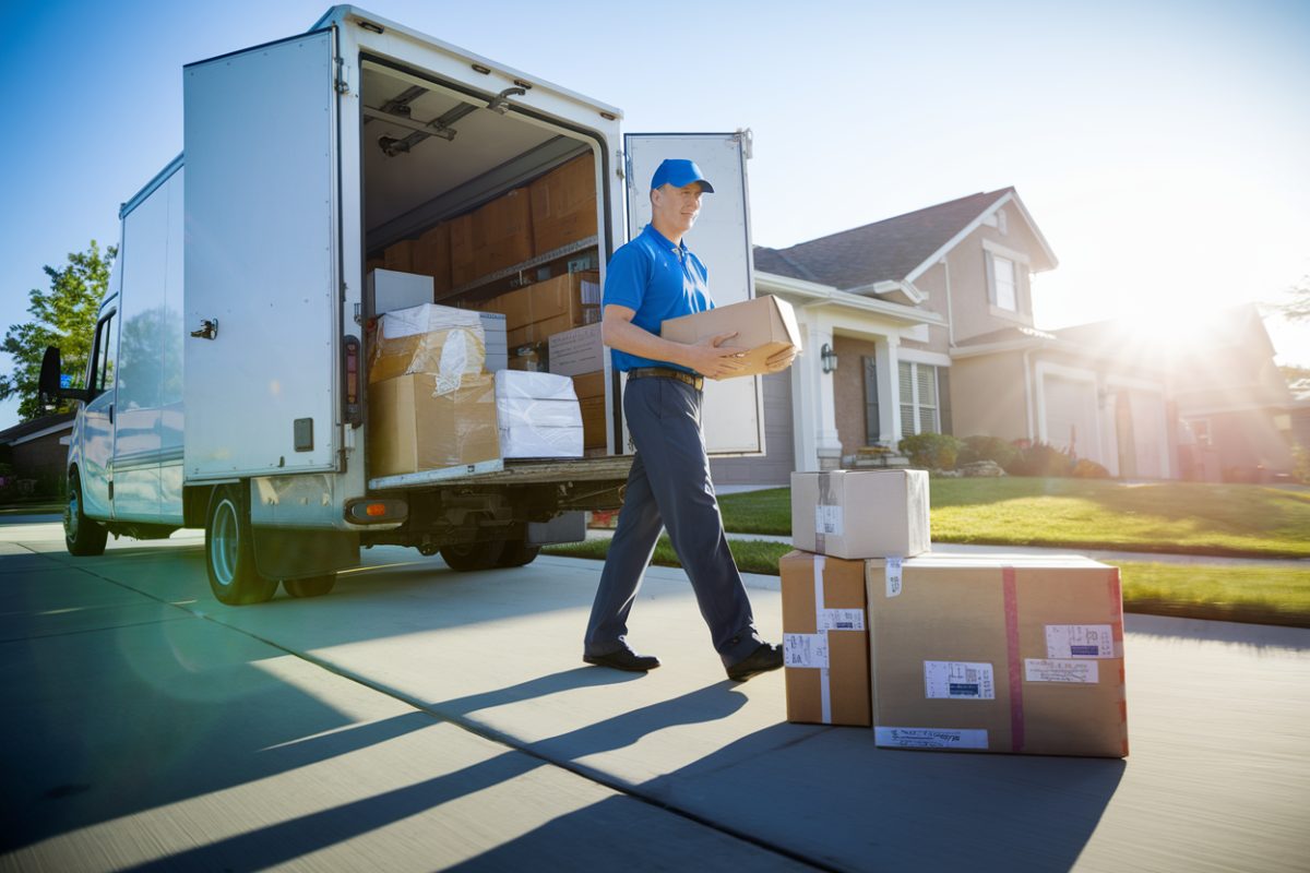 Camion de livraison d&eacute;chargeant des colis devant une maison