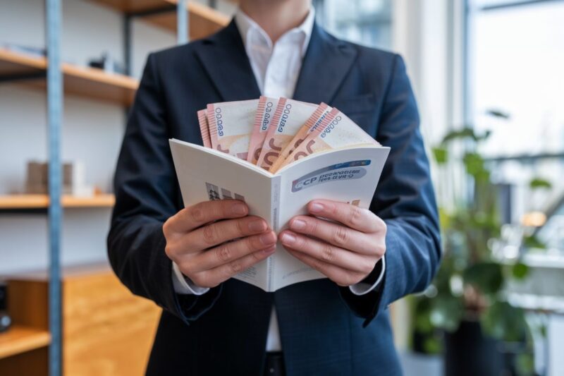 Personne tenant un livret CPF avec des billets d'euros