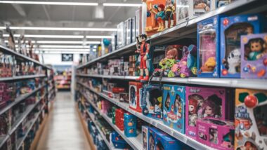 Jouets colorés sur les étagères d'un magasin
