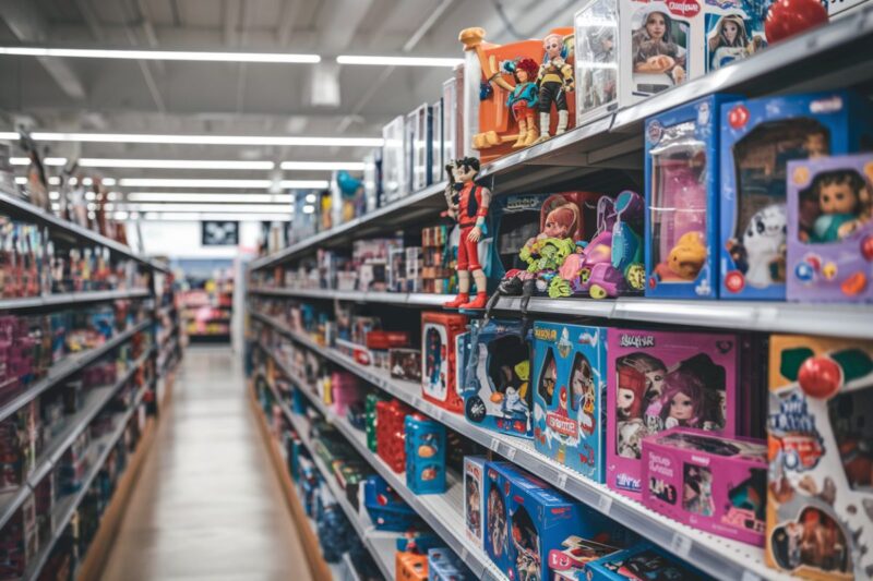 Jouets color&eacute;s sur les &eacute;tag&egrave;res d'un magasin