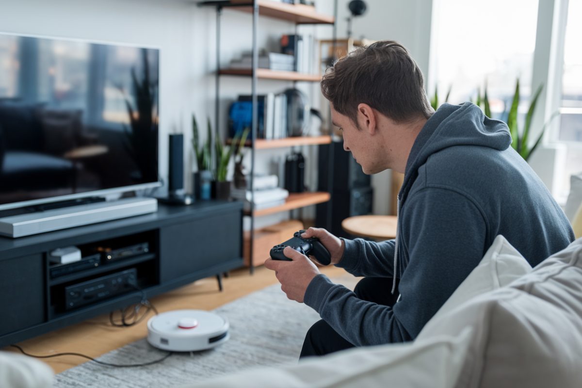 Un homme utilise une manette PS5 pour contr&ocirc;ler un robot aspirateur.