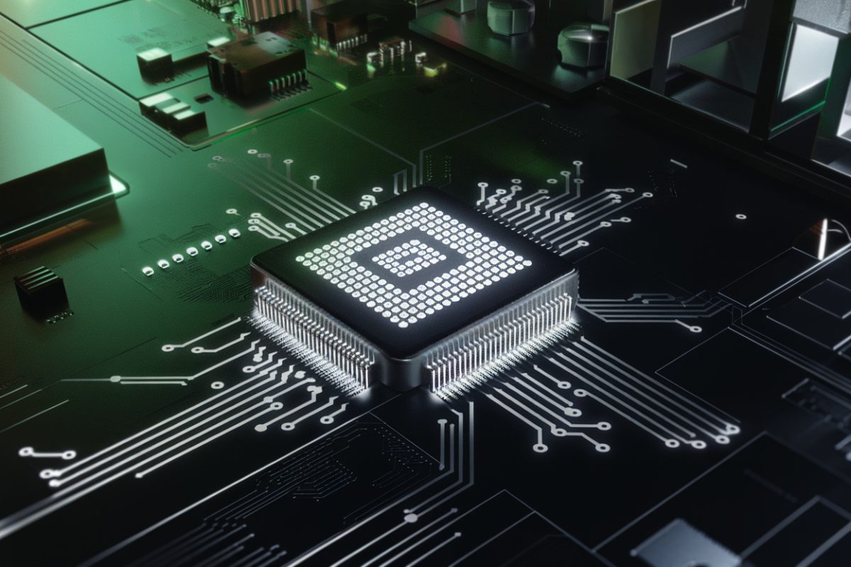 Vue rapproch&eacute;e d'une puce IA de Google sur une carte m&egrave;re