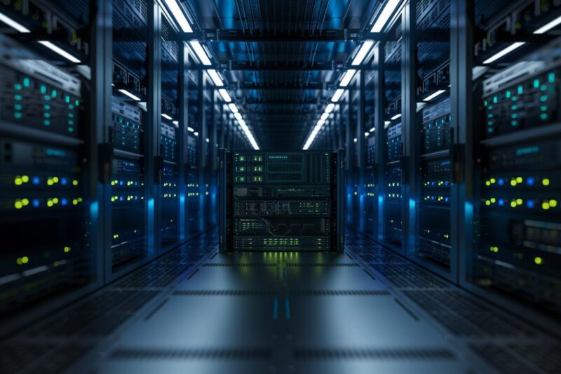 Salle de serveurs futuriste avec &eacute;clairage bleu