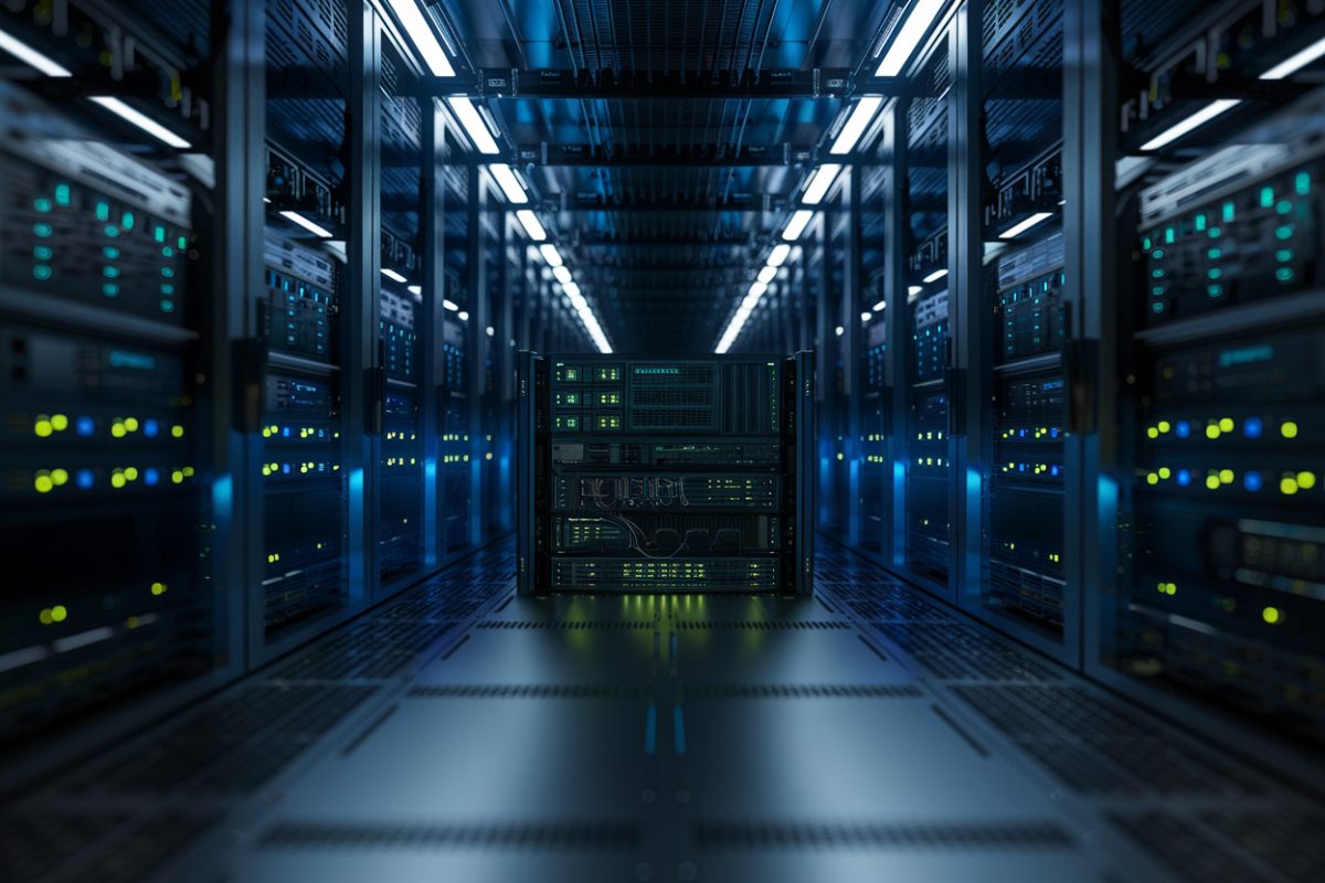 Salle de serveurs futuriste avec &eacute;clairage bleu
