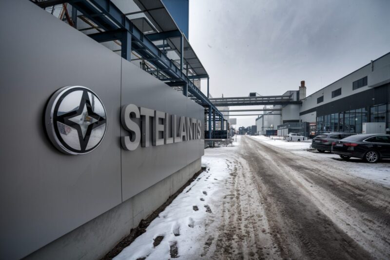 Panneau Stellantis devant un site industriel automobile sous ciel gris