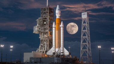 La fusée SLS de la NASA illuminée au crépuscule à Kennedy Space Center