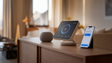 Un écran Nest et l’app Google Home avec interface Gemini