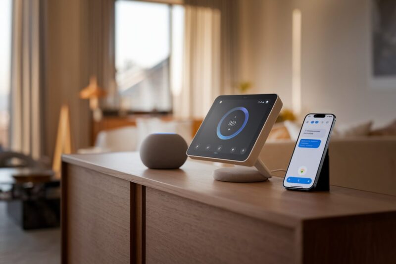 Un &eacute;cran Nest et l&rsquo;app Google Home avec interface Gemini