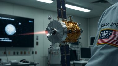 Maquette de DART avec écran affichant -32 minutes d’orbite