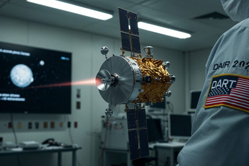 Maquette de DART avec &eacute;cran affichant -32 minutes d&rsquo;orbite