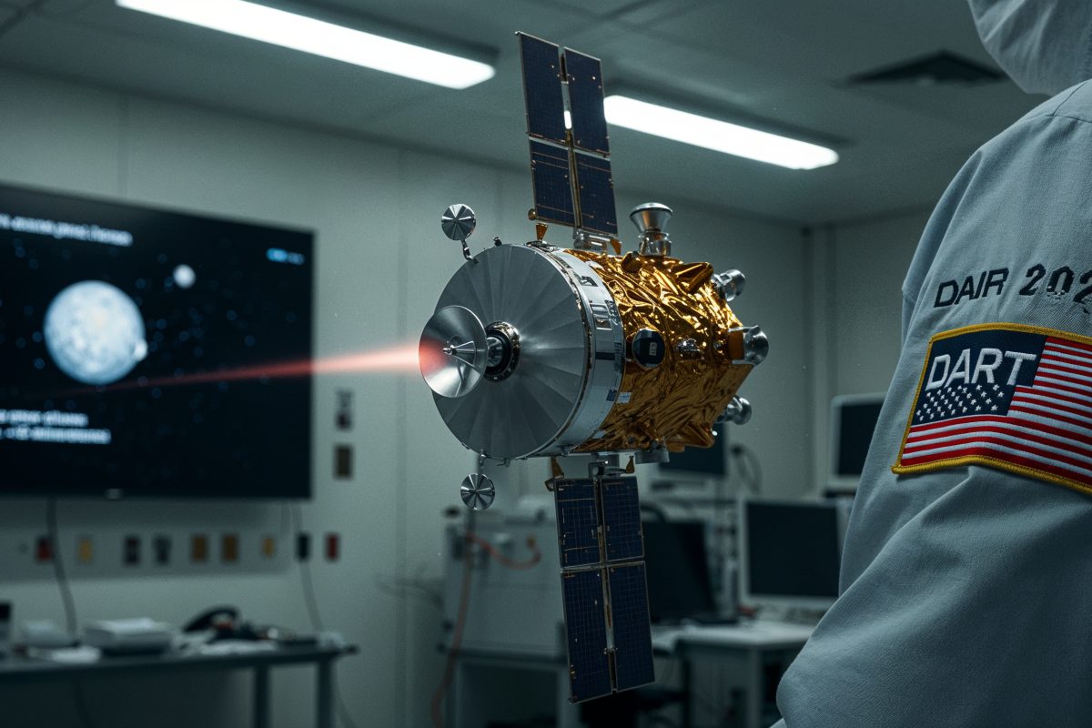 Maquette de DART avec &eacute;cran affichant -32 minutes d&rsquo;orbite