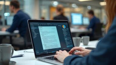 Employé au bureau utilisant une IA générative sur ordinateur portable