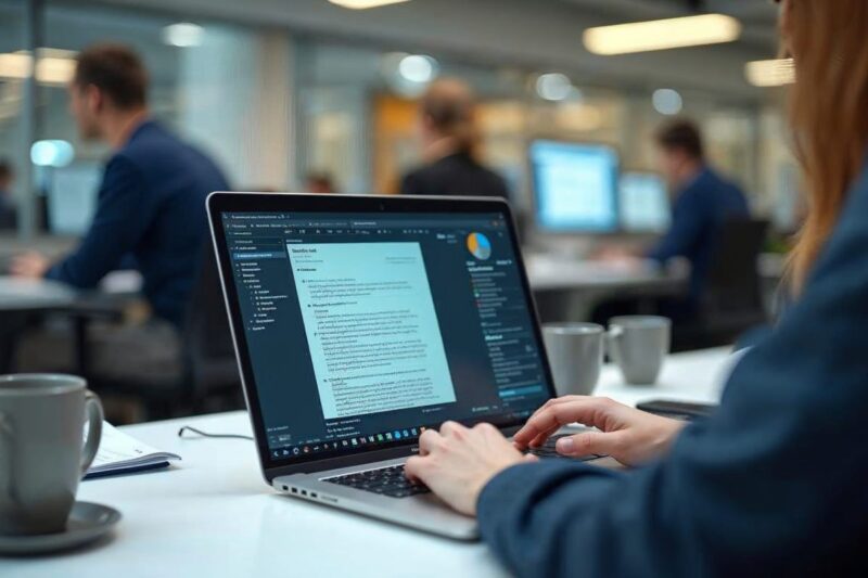 Employ&eacute; au bureau utilisant une IA g&eacute;n&eacute;rative sur ordinateur portable