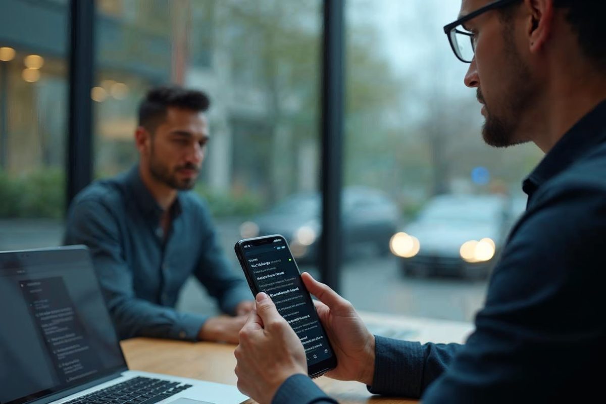 Analyste cybers&eacute;curit&eacute; examinant un smartphone Android en bureau moderne