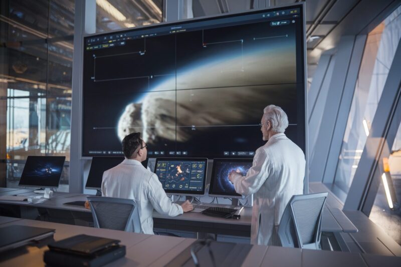 Ing&eacute;nieurs analysant une com&egrave;te fragment&eacute;e sur &eacute;crans, sans texte visible