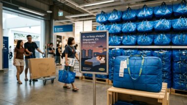 Sac bleu IKEA RESTEN matelassé posé devant des FRAKTA empilés