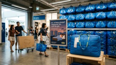Sac bleu IKEA RESTEN matelassé posé devant des FRAKTA empilés