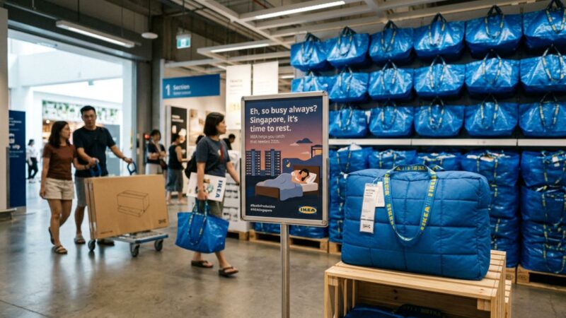 Sac bleu IKEA RESTEN matelass&eacute; pos&eacute; devant des FRAKTA empil&eacute;s