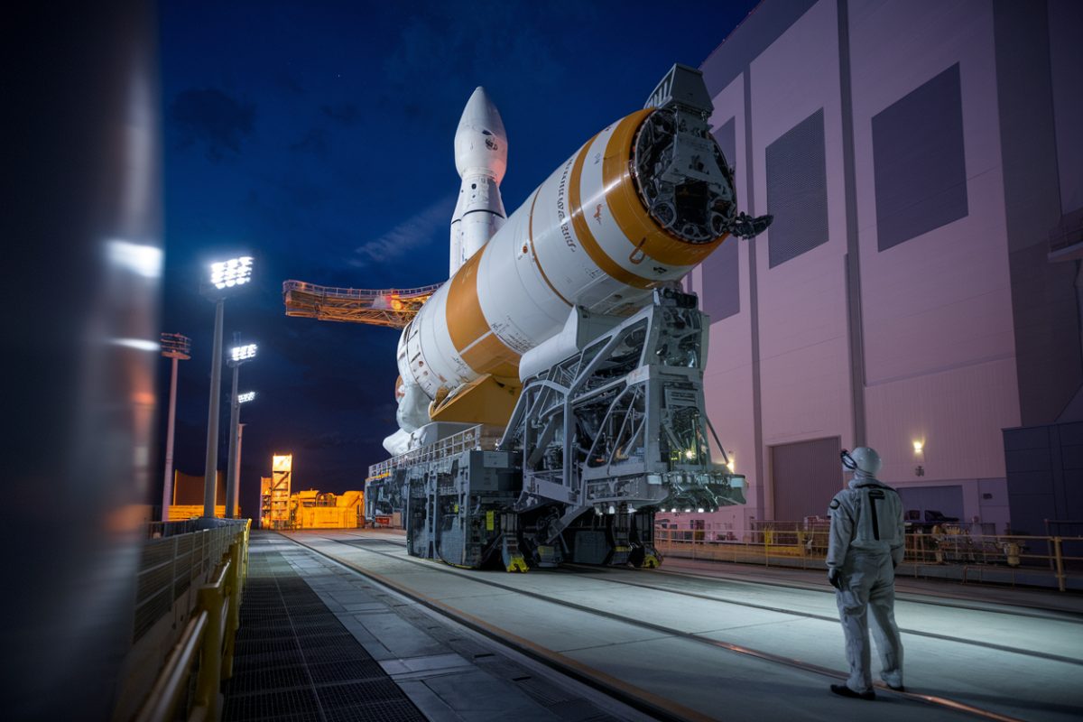 La fus&eacute;e SLS d&rsquo;Artemis II roule vers le pas 39B la nuit.