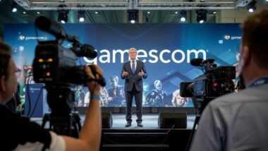 Une ministre allemande s’exprime sur scène lors d’un salon du jeu vidéo