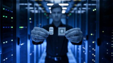 Un ingénieur tient une SIM 5G et une eSIM en data center