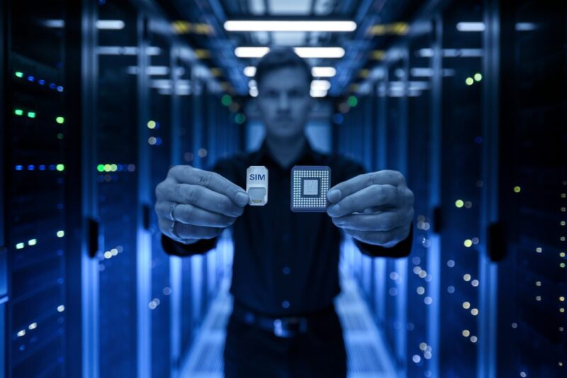Un ingénieur tient une SIM 5G et une eSIM en data center