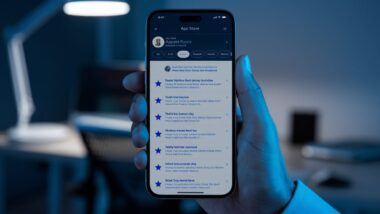 Un smartphone affiche une page d’avis négatifs sur une application IA