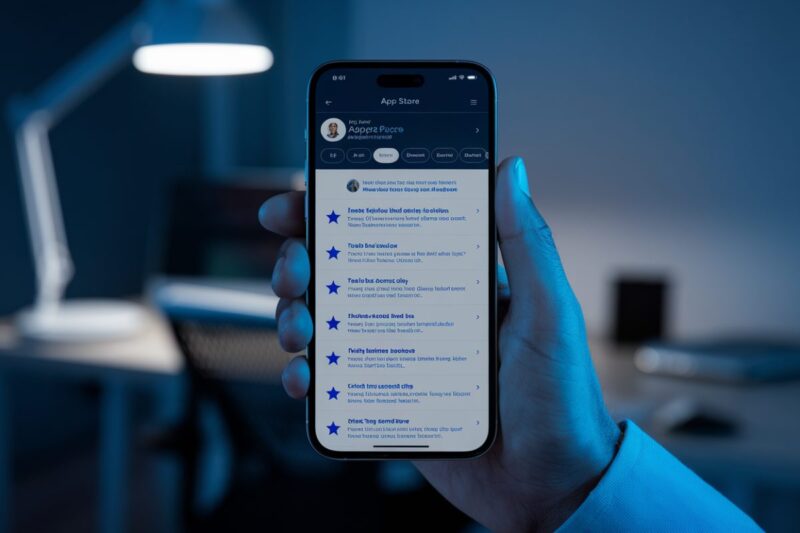 Un smartphone affiche une page d’avis négatifs sur une application IA