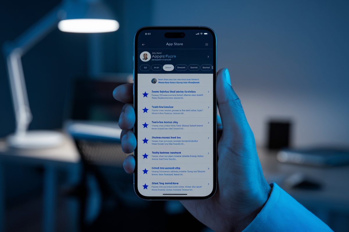 Un smartphone affiche une page d&rsquo;avis n&eacute;gatifs sur une application IA