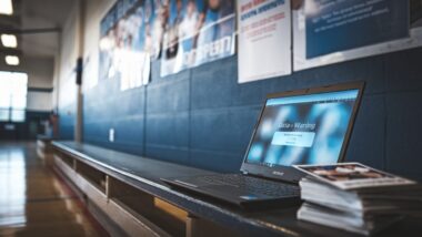 Ordinateur affichant alerte fuite de données dans un gymnase scolaire