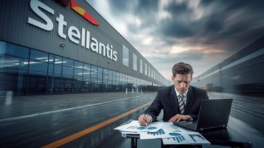 Un analyste examine des pertes devant une usine Stellantis en arrière-plan