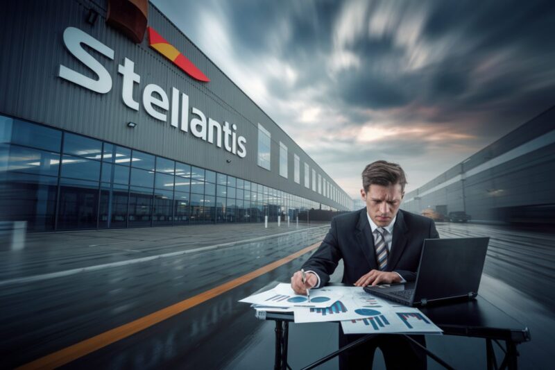 Un analyste examine des pertes devant une usine Stellantis en arrière-plan