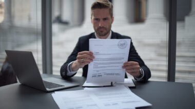 Documents juridiques sur une table, ambiance de litige commercial et marque