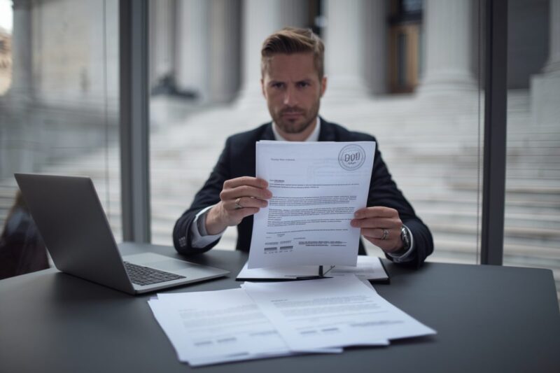 Documents juridiques sur une table, ambiance de litige commercial et marque