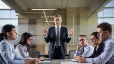 Un manager parle en réunion, équipe fatiguée et peu engagée