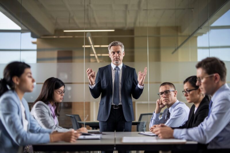 Un manager parle en r&eacute;union, &eacute;quipe fatigu&eacute;e et peu engag&eacute;e