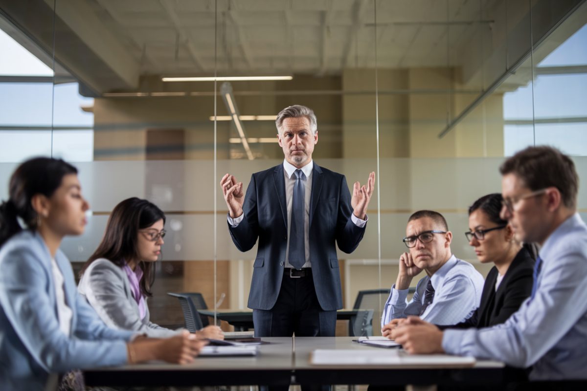 Un manager parle en r&eacute;union, &eacute;quipe fatigu&eacute;e et peu engag&eacute;e