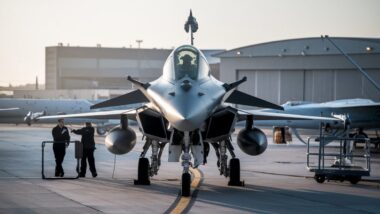 Un Rafale sur une base aérienne, équipes au sol visibles