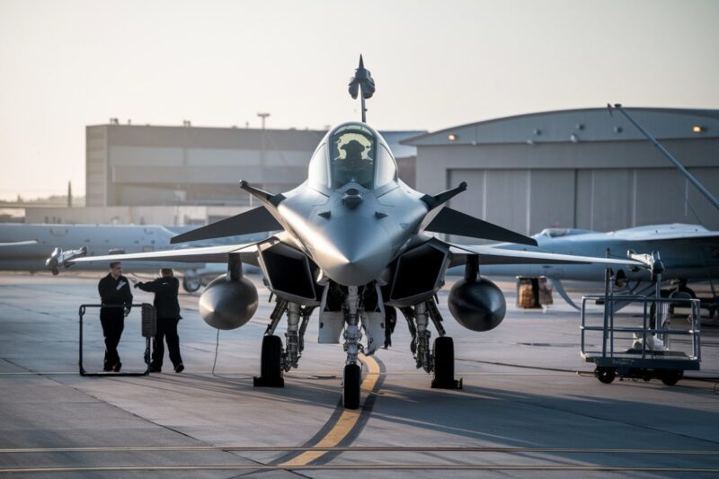 Un Rafale sur une base aérienne, équipes au sol visibles