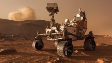 Le rover Perseverance sur Mars avec un tourbillon de poussière au loin