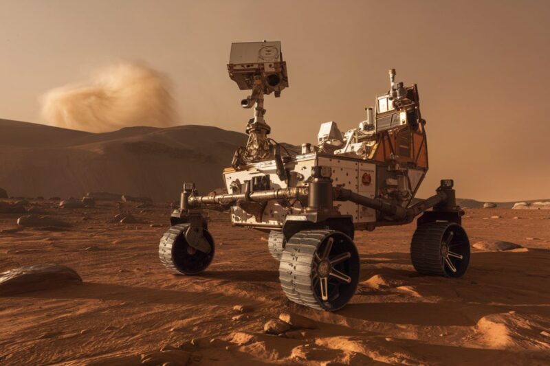 Le rover Perseverance sur Mars avec un tourbillon de poussi&egrave;re au loin