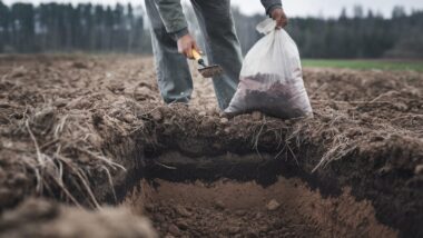 Un technicien examine un échantillon de sol dans une parcelle agricole