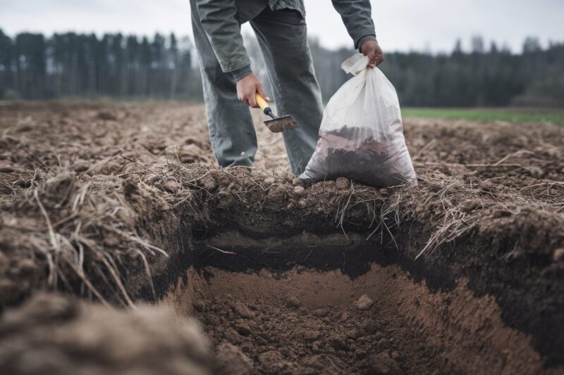 Un technicien examine un échantillon de sol dans une parcelle agricole