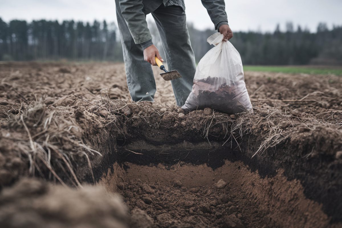 Un technicien examine un &eacute;chantillon de sol dans une parcelle agricole