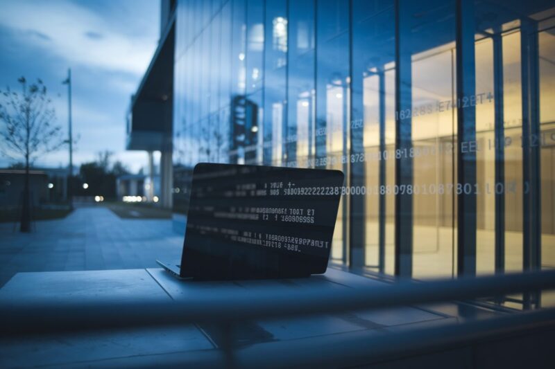 B&acirc;timent administratif fran&ccedil;ais avec ambiance cybers&eacute;curit&eacute; et reflets de code