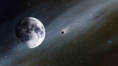 Illustration réaliste d’un astéroïde passant près de la Lune en 2032