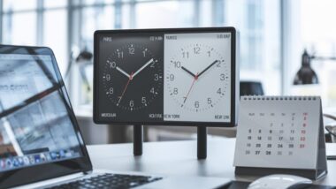 Deux horloges affichent Paris et New York avec une heure d’écart