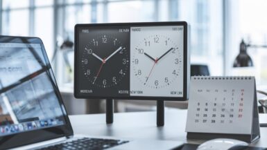 Deux horloges affichent Paris et New York avec une heure d’écart