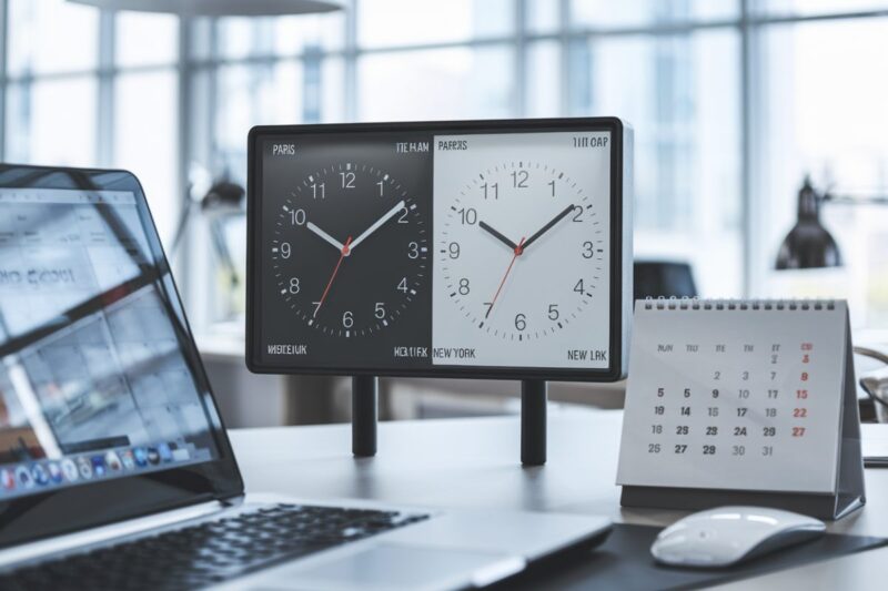 Deux horloges affichent Paris et New York avec une heure d&rsquo;&eacute;cart