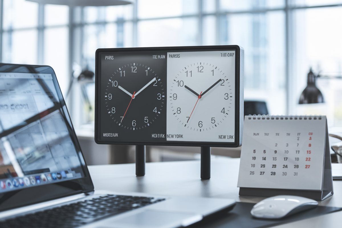 Deux horloges affichent Paris et New York avec une heure d&rsquo;&eacute;cart